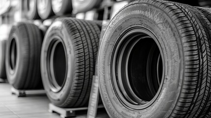 Obraz premium A black and white image of a tire store showcasing a variety of tires neatly stacked and displayed for sale. The composition highlights the tread patterns and textures of the tires