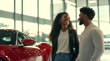 1_Excited multiracial couple admiring a sleek new car in a bright showroom, highlighting the joy of making a new purchase