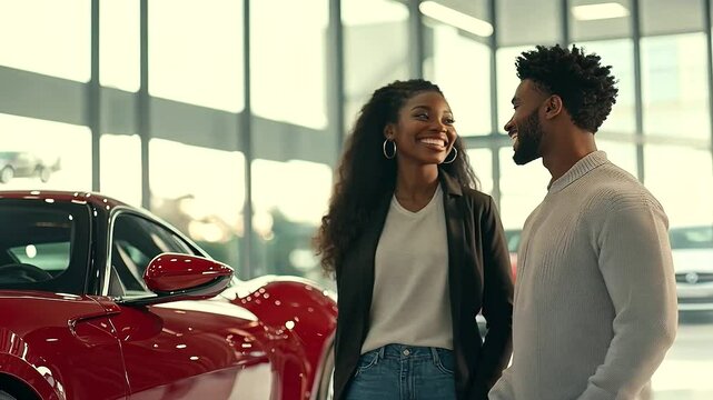 1_Excited multiracial couple admiring a sleek new car in a bright showroom, highlighting the joy of making a new purchase