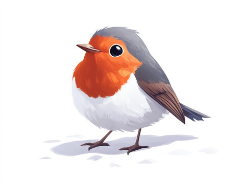 Cute robin bird with vibrant orange chest and gray wings, standing on white background, exuding cheerful and lively expression
