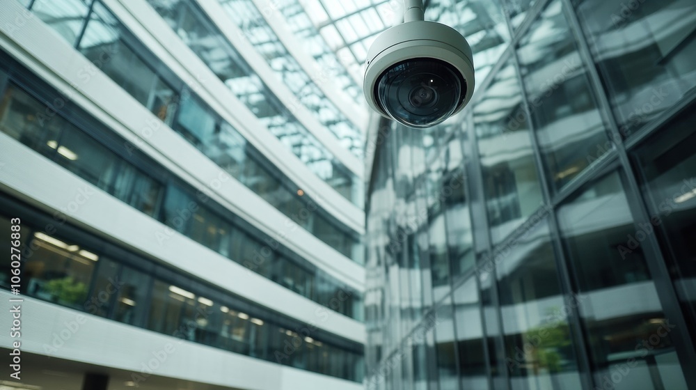 Aufkleber A surveillance camera is positioned in a contemporary office building, ensuring security and monitoring activities within the space. Generative AI