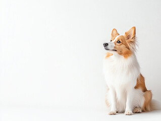 Shetland Sheepdog sitting gracefully against white background, showcasing its beautiful coat and attentive expression. This captures elegance and charm of breed