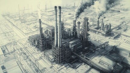 Fototapeta premium Impressive Aerial View of a Complex Manufacturing Plant: Perfect for Industrial-Themed Posters and Sports Interiors, Showcasing Smokestacks and Architectural Scale in Soft Grey Tones