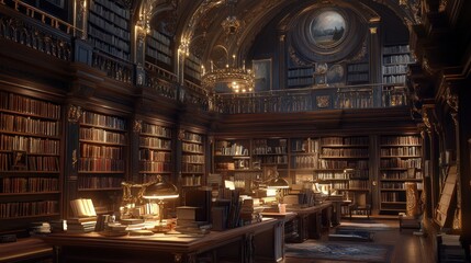 Obraz premium A grand library with tall bookshelves filled with books, a balcony overlooking the main floor, and several desks with lamps and books.