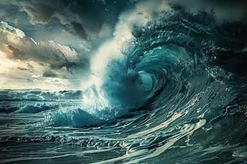Generative ai on theme of a scary tsunami with huge foamy wave, apocalyptic dramatic background