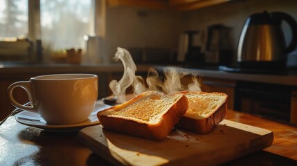 The image shows a sunlit kitchen counter with toast, cinnamon rolls, and tea. The wooden cutting board adds a rustic touch.