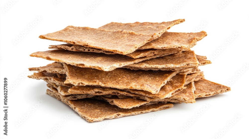 Poster a delightful stack of whole grain crisp bread crackers resting on a bright white background, ready f