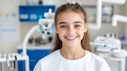 Fototapeta premium A young woman smiling with perfectly aligned, white teeth after a dental treatment. 