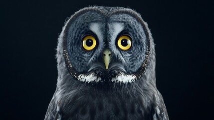Fototapeta premium A photograph of an owl with large yellow eyes, dark gray feathers, and white around the beak, looking directly at the camera