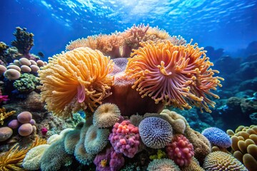 Obraz premium Large coral head with anemones and sea fans attached to its surface, sea fan, reef structure, anemone, ocean