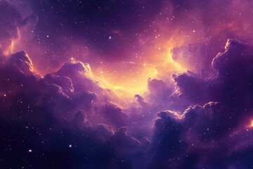 Naklejka premium A Cosmic Landscape of Stars and Nebulae in Vivid Purple and Gold Hues