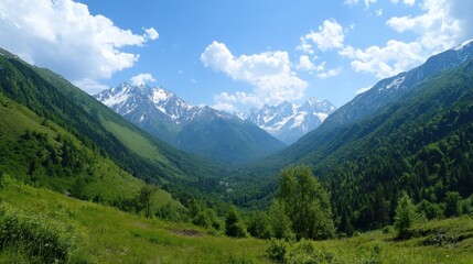 A panoramic view of a lush green valley nestled between snow-capped mountains under a clear blue sky with fluffy white clouds.