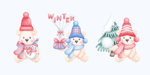 Charming Watercolor Christmas Bear Art. Cute and Whimsical Holiday Bear Illustration. Perfect for Seasonal Designs and Cozy Winter Decor.