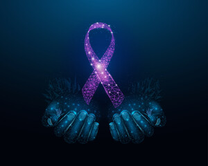 Two human hands are holds purple ribbon awareness. Wireframe glowing low poly. Bladder cancer, Alzheimers, Cystic Fibrosis, Lupus, Epilepsy, Domestic Violence concept