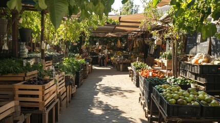 A bustling outdoor market with fresh produce and a variety of fruits and vegetables displayed in wooden crates and baskets under a canopy of trees.