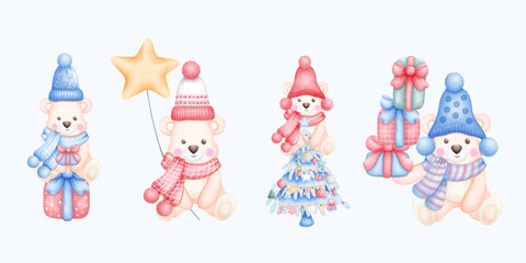Charming Watercolor Christmas Bear Art. Perfect for Seasonal Designs and Cozy Winter Decor.