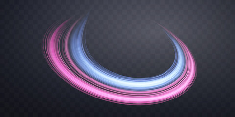 Glowing pink and blue lines. Dynamic neon realistic energy speed wave. Abstract curve twirl light effect on a dark background. Vector illustration.