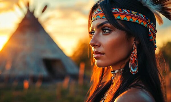 Beautiful traditional Native American woman, with traditional wigwams