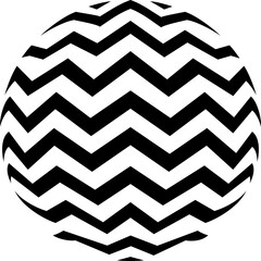 A black and white spherical design featuring a chevron pattern that creates an illusion of three-dimensionality through the curvature of zigzag lines across the circular surface. 