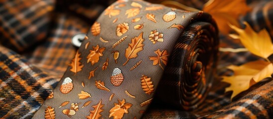 Vibrant autumnal leaves pine cones acorns and pumpkins arranged on a cozy plaid fabric backdrop capturing the essence of the fall season and the upcoming harvest festivities