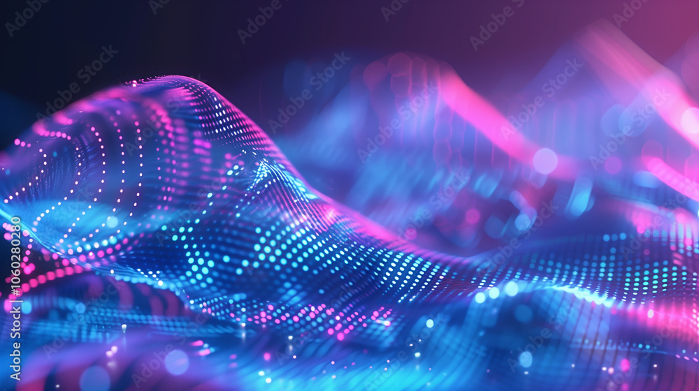 Poster abstract digital wallpaper featuring holographic data waves, glowing matrix-style code, and transpar