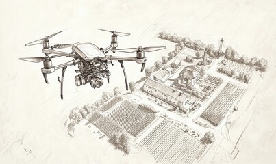 Obraz premium Drone flying over farmland and buildings.