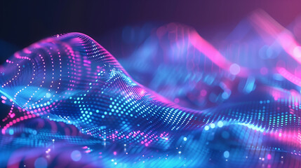 Abstract digital wallpaper featuring holographic data waves, glowing matrix-style code, and transparent layers of floating screens in vivid neon tones.