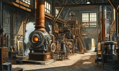 Fototapeta premium Industrial steam engine room with machinery.