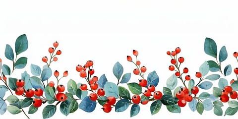 Watercolor illustration of berries and leaves. An artistic play of nature with vibrant berries and green foliage. Botanical art decorative design for creative elegant patterns, perfect for seasonal