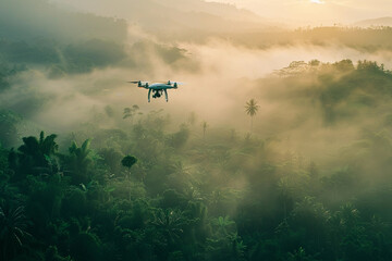 Fototapeta premium Drone flying in the sky over nature during observation