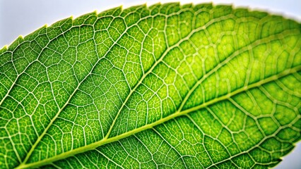 Obraz premium Macro shot of a green leaf on a light background