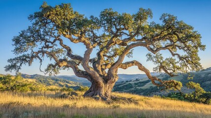 A majestic oak tree stands tall on a hillside, its branches reaching towards the blue sky. The golden light of sunset bathes the scene, 