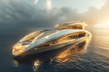 Obraz premium Luxury private motor yacht in tropical sea with soft blue wave on beautiful nature background