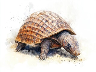 Obraz premium Watercolor painting of a tortoise with rippled shell. Wildlife artwork. Slow-paced desert creature.