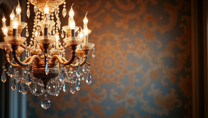 Baroque chandelier background, a grand crystal chandelier with shimmering details against a muted, luxurious backdrop, symbolizing the opulent interiors of the baroque era