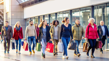 Fototapeta premium Early bird shoppers eagerly exploring deals during a bustling holiday shopping event.