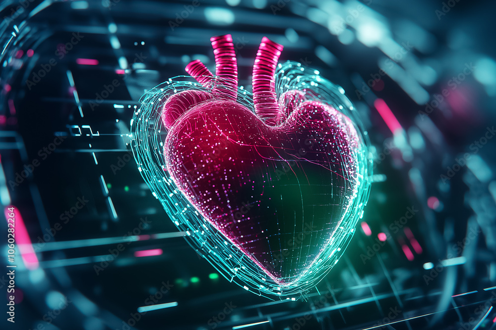 Poster a vibrant, hyper-realistic heart rate monitor displays dynamic health metrics in a futuristic design