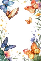 A vibrant collection of colorful butterflies and wildflowers in a nature-inspired watercolor design for inviting and serene decor