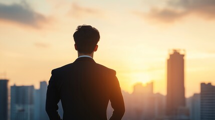 Fototapeta premium Business Leader Standing Against City Sunset