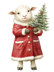 Obraz premium Adorable sheep in red coat holding tiny Christmas tree, exuding festive cheer and warmth. Perfect for holiday themes and decorations