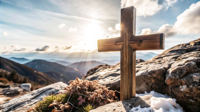 A moment of reflection, wooden cross in the heart of nature - Powered by Adobe