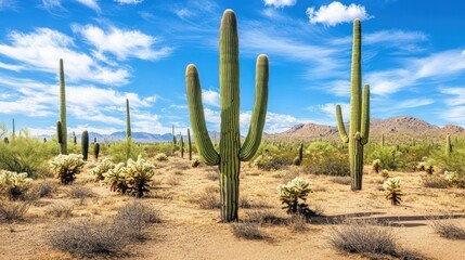A group of tall saguaro cacti stand in the desert under a blue sky with fluffy white clouds.