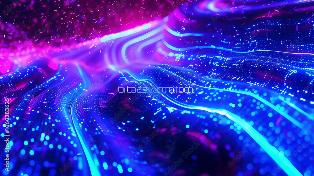 Poster dynamic tech background with cascading computer code and digital light trails, illuminated by electr