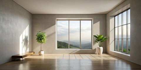 Obraz premium Minimalist Window on the Wall: A Serene Interior Space, Natural Light, Clean Lines, Soft Shadows, Neutral Tones, Architectural Element, Calm Atmosphere, Home Decor Inspiration, Modern Design