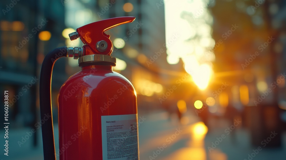Poster the vibrant fire extinguisher is highlighted in the foreground against a softly blurred backdrop of 