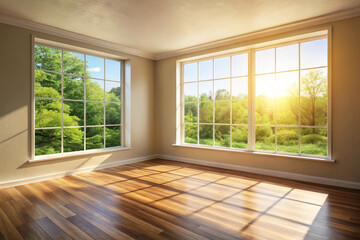 Sunlit minimalist room with panoramic forest view and warm sunset glow