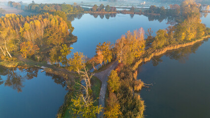 Milickie Ponds at sunrise, bird's eye view, Lower Silesian Voivodeship, Poland