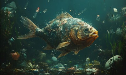 A fish trapped in plastic pollution.