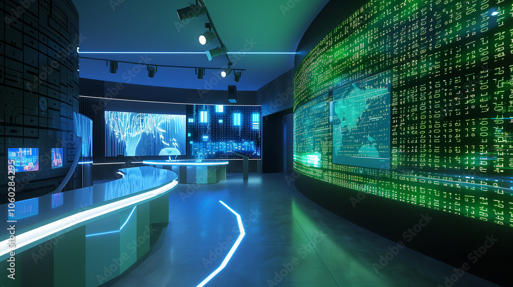 Poster futuristic blue and green virtual data display, showcasing floating lines of code and neon holograph