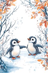 Fototapeta premium Adorable penguin pals enjoying a winter wonderland adventure in a snowy landscape filled with delicate snowflakes and autumn leaves